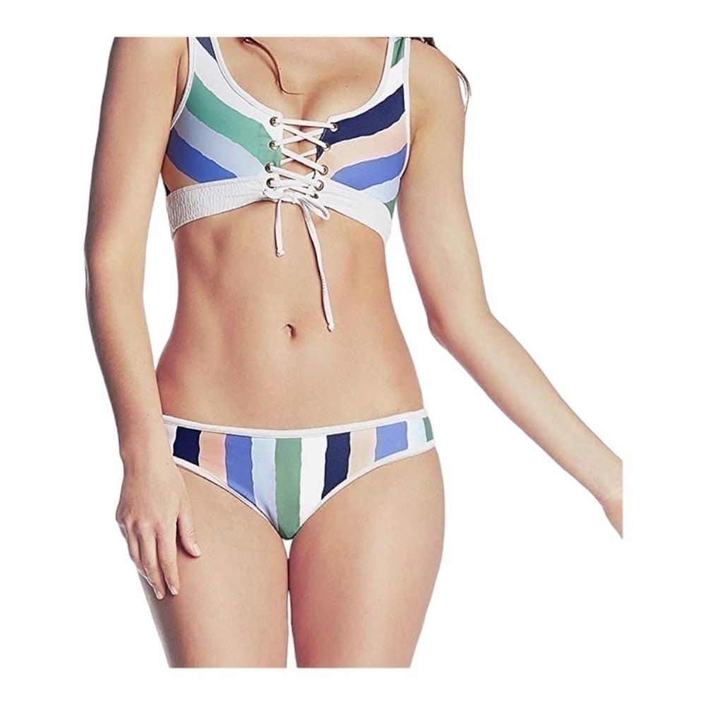 Maaji Striped Lace-Up Bikini in Blue, Green, Navy, Peach, White